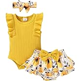 Tiny Cutey Baby Girl Clothes Infant Summer Outfits Set Ruffle Sleeve Romper and Floral Shorts with Headband