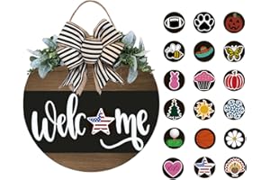 JXUEYCH Interchangeable Wooden Seasonal Welcome Sign, Rustic Round Wreath for Front Door Porch Home/Wall/Porch Decor, for Easter Spring Summer Fall Halloween Christmas All Season Decorations (Black)