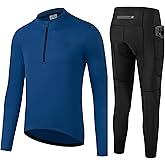 OFF PRND Men's Cycling Jersey 1/3 Zipper Cycling Set Solid Color Club Fit, Long Sleeeves Bike Jersey and Pants Zipper Pocket