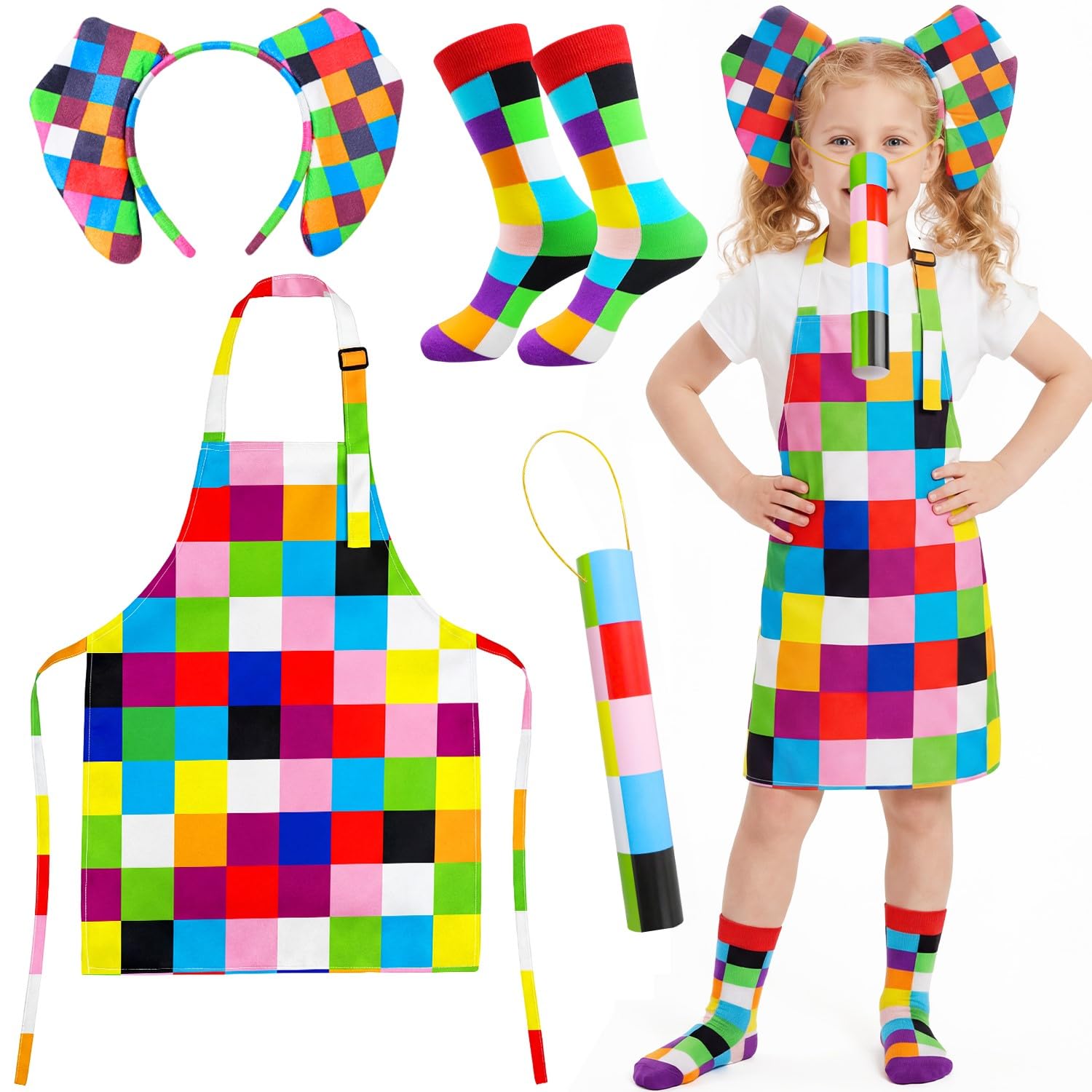 iZoeL World Book Day Elephant Costume for Kids – Colourful Apron Elephant Ears Socks – Easy Book Character Fancy Dress for Boys & Girls School WBD Dress Up Book Week Outfit