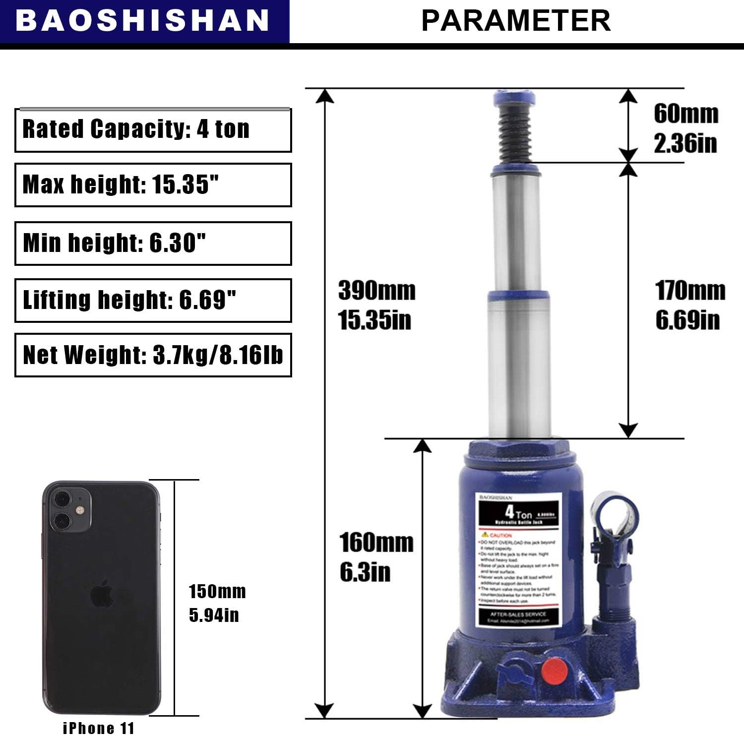 BAOSHISHAN Bottle Jack 4 Ton Double Ram Bottle Jack 6-1/4" to 15-3/8" Lifting Range Portable with Carrying Case: Home Improvement
