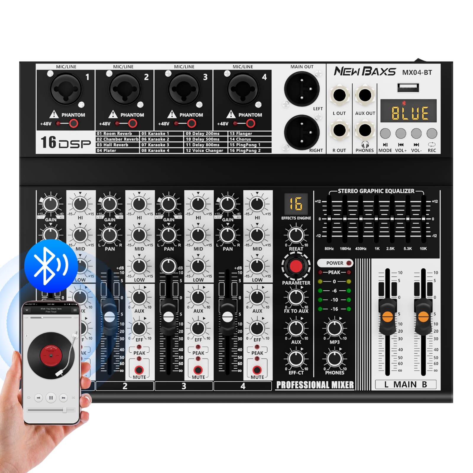 Photo 1 of Professional Audio Mixer, 4 Channel Audio Interface Sound Board Mixing Console System Monitor, NEW BAXS 16-Bit DSP DJ Bluetooth Mixer +48V Phantom Effect For Karaoke Studio Streaming Recording