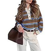 MakeMeChic Women's Striped Rugby Shirt Button Down Long Sleeve Preppy Sweater Knit Winter Pullover