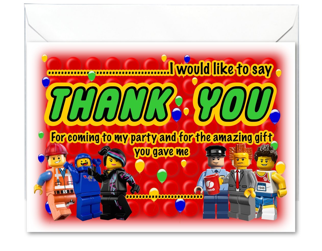 X Glossy Party Thank You Cards Inspired By Toys Lego With Envelopes