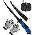 Fish Fillet Knife, 7 Inches Professional Fishing Fillet Knife Set Stainless Steel Blade in Corrosion Resistant Coating, with Sharpener and Cutting Resistant Gloves, for Fishing and Outdoor, Blue