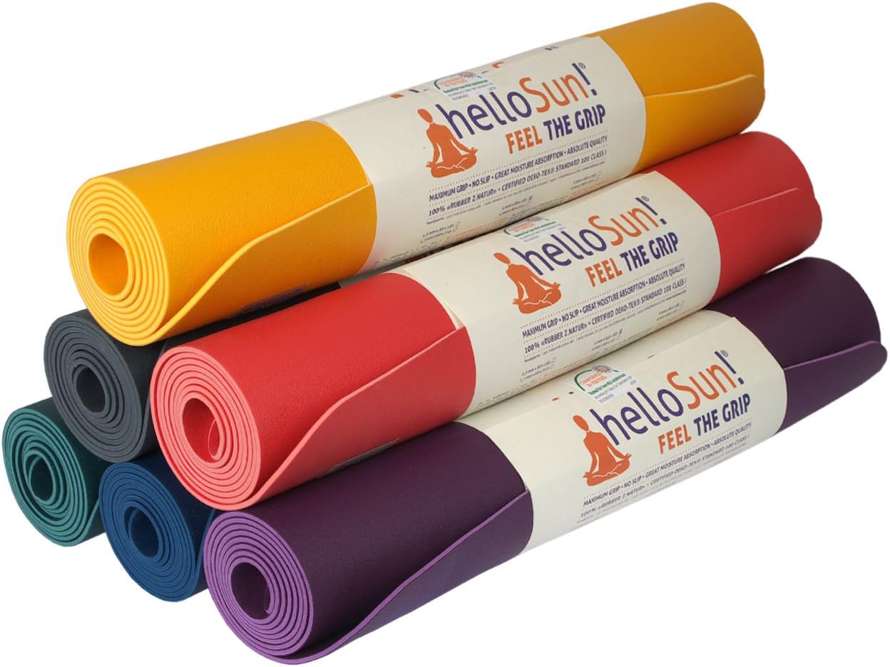 helloSun premium quality performance yoga mat, natural rubber, superb grip, non slip, moisture absorption, light, OEKOTex certified, made in Europe, 4mm