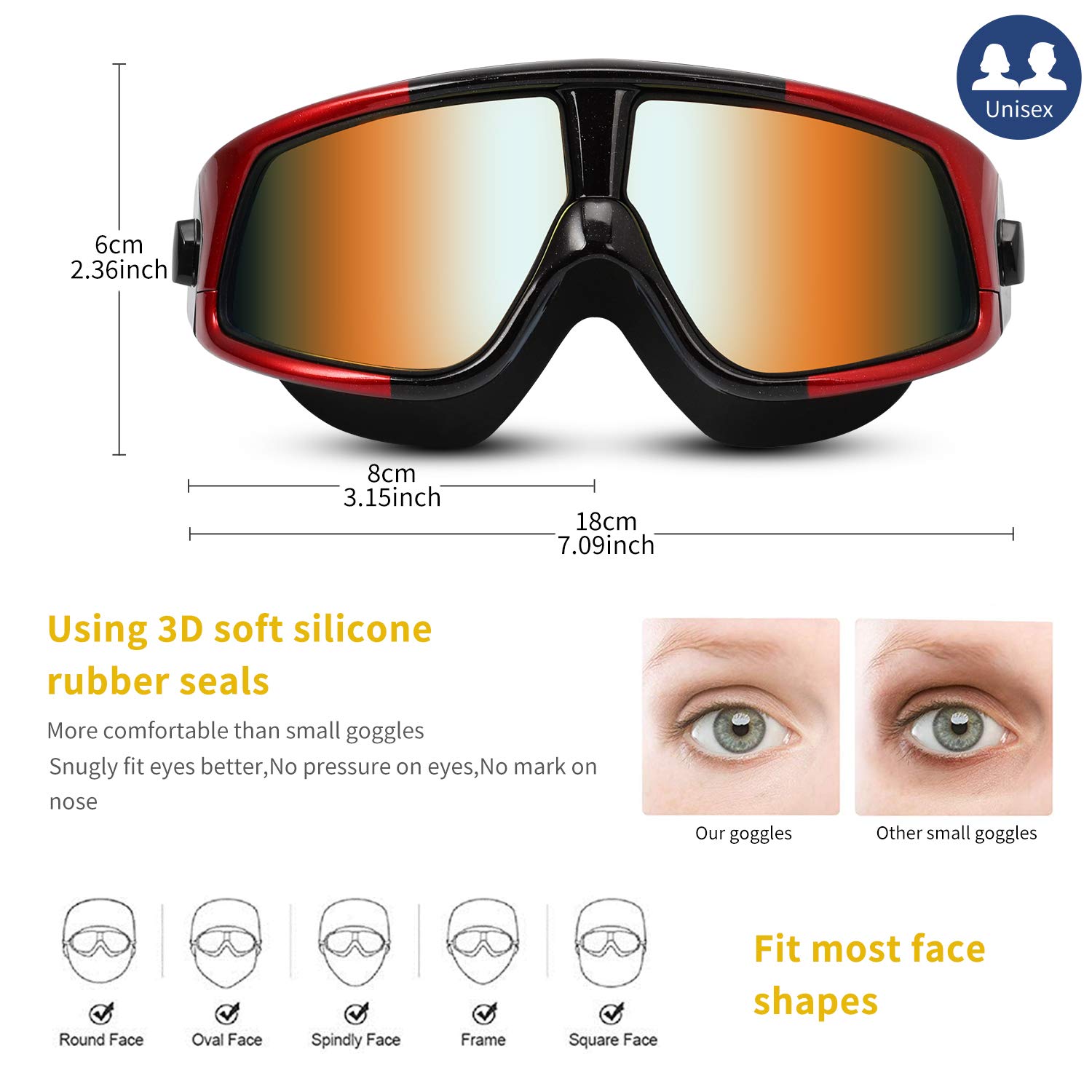 IOUTDOOR Swimming Goggles Large Frame Anti Fog No Leaking, Sports Goggles UV Protection with 180 Degree Vision and Soft Silicone Nose Bridge, Swimming Glass for Adult Youth Men Women (Black Red)