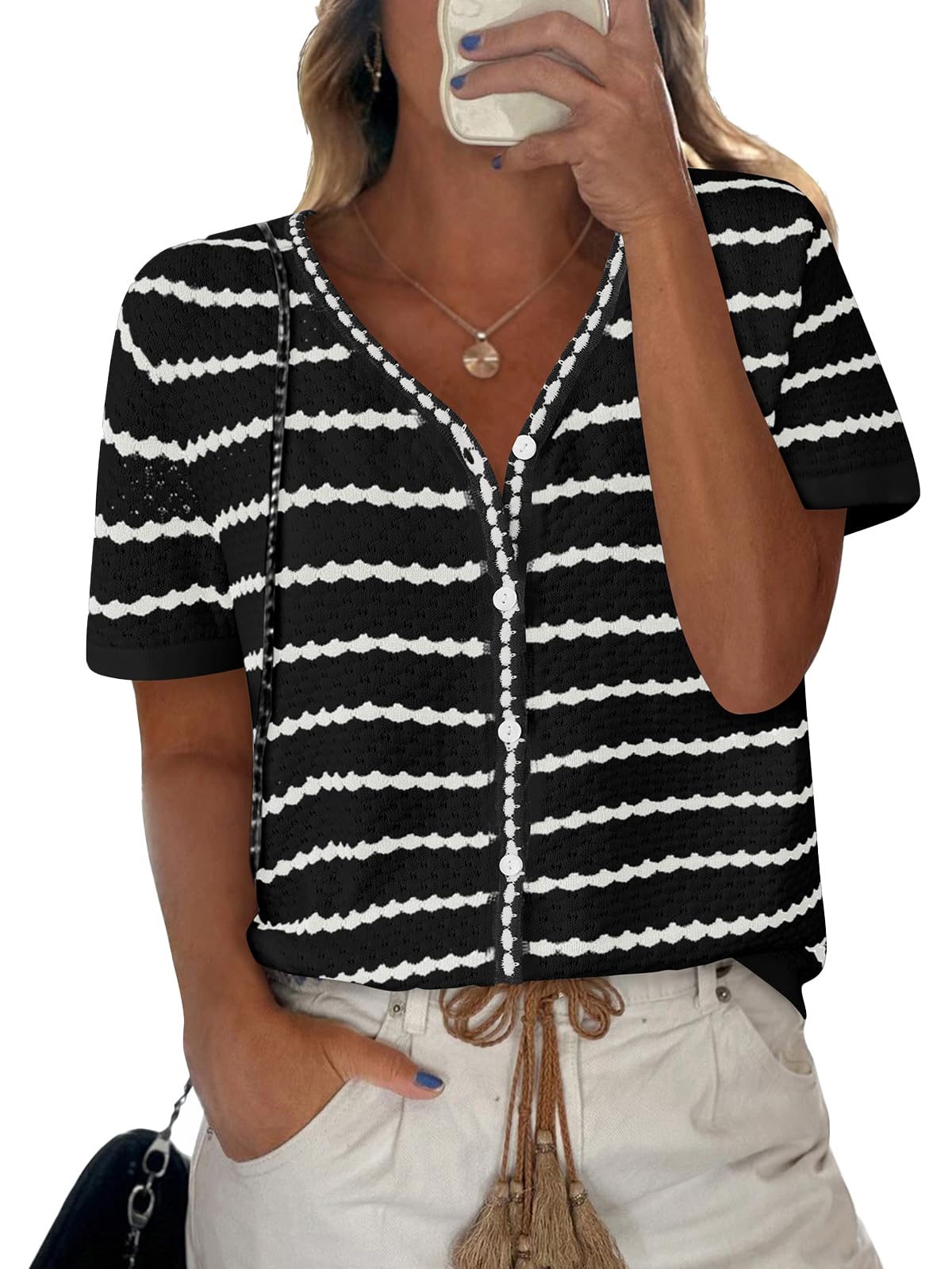 Photo 1 of NALANISA Short Sleeve Sweaters for Women Trendy 2025 Summer Spring Tops V Neck Striped Button Up Causal Dressy Blouses (Black,XL)