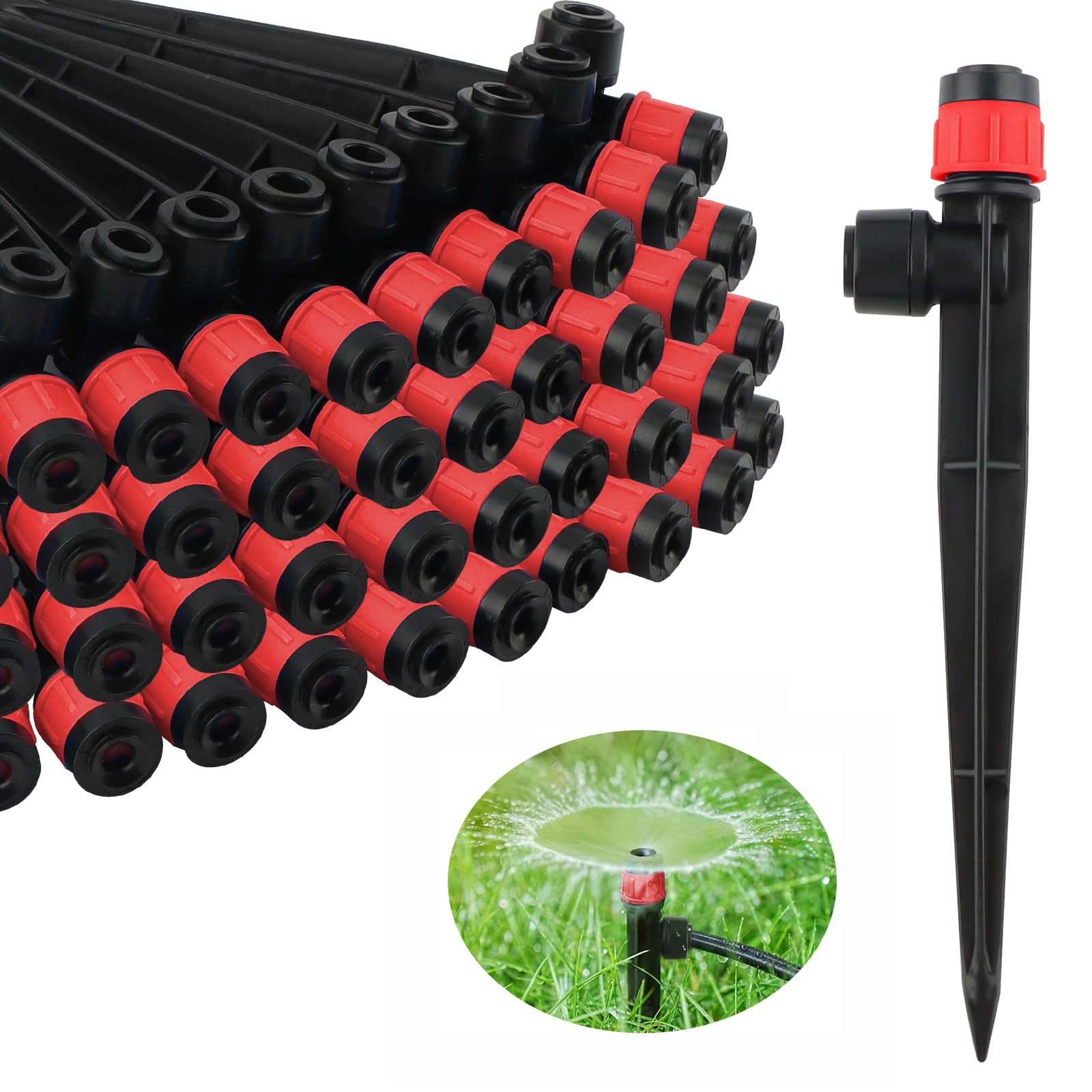 Photo 1 of 100PCS Drip Irrigation Emitters, Kalolary Adjustable 360 Degree Water Flow Drippers Emitters for 1/4" Drip Irrigation System Tubing, Garden Irrigation Drippers for House Garden Flower beds(Red)
