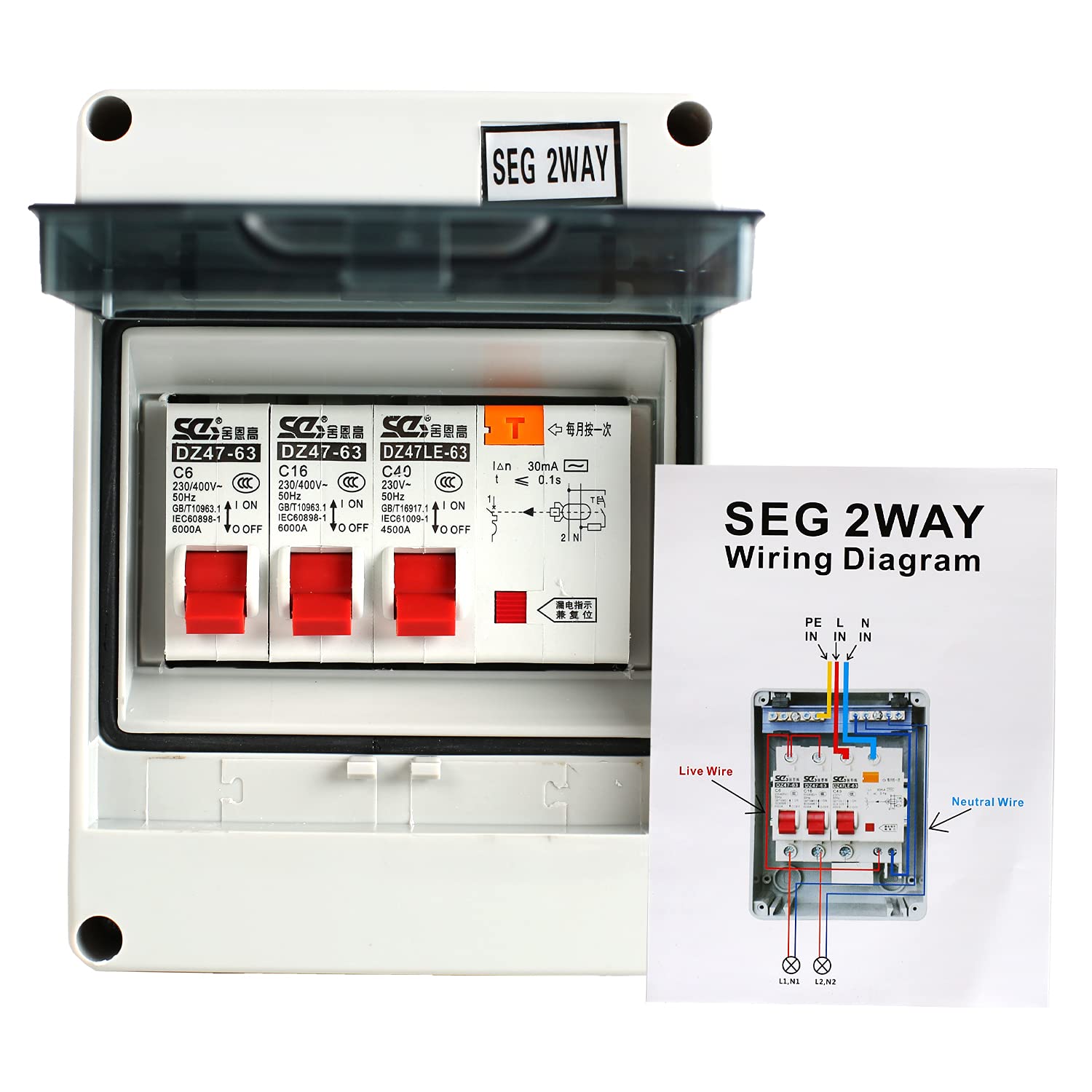 STEEIRO Consumer Unit 2 Way, IP65 Mini Leakage Circuit Breaker RCD 40A 30mA 2MCB 6A+16A, Circuit Breaker Panel, Fuse Box Consumer Unit for Garages Caravans Workshops