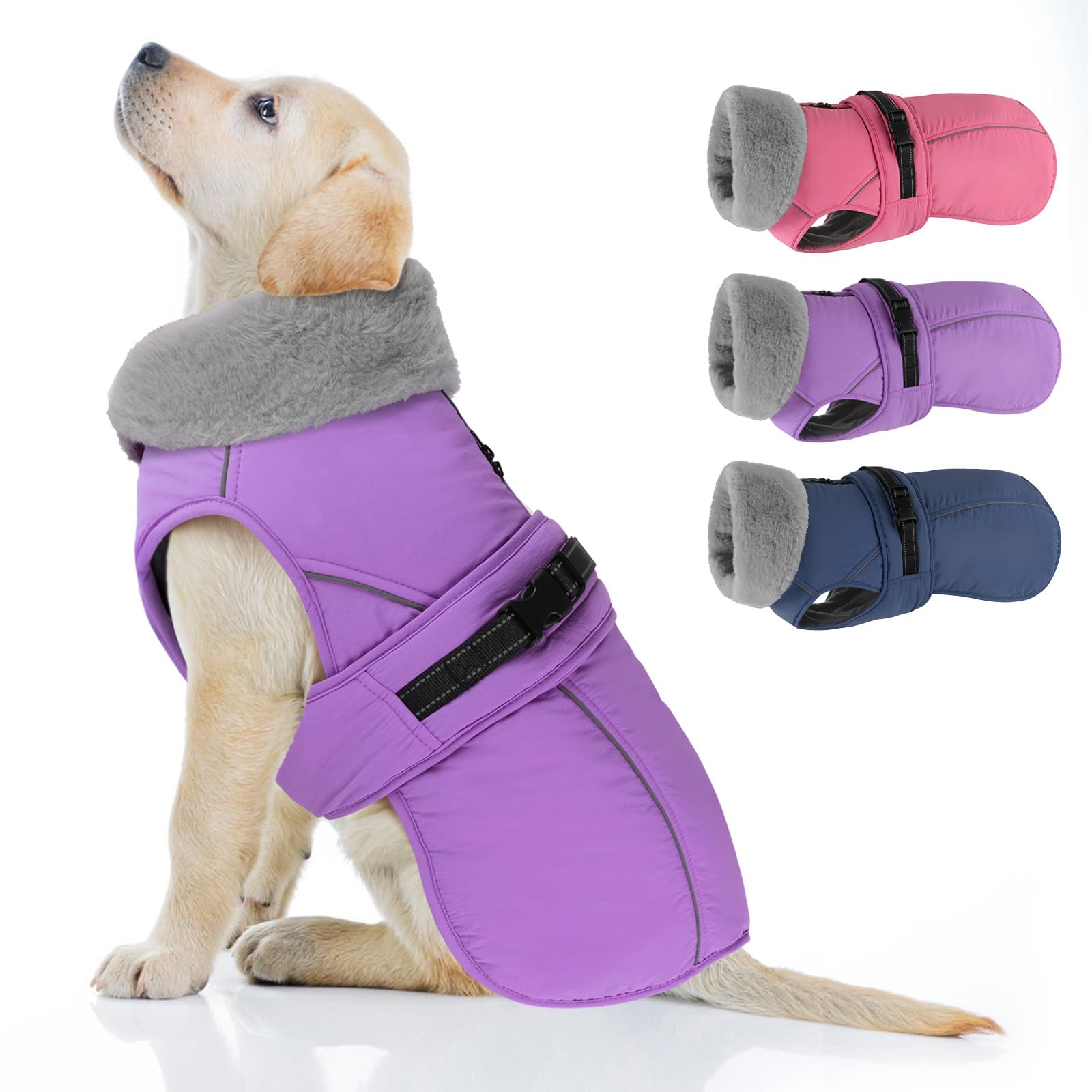 PETDSH Dog Coat Small, Windproof Dog Jacket with Warm Fleece Lining, Thickened Collar Dogs Winter Coat, Adjustable Reflective Pet Coats for Cold Weather (Purple, Small)