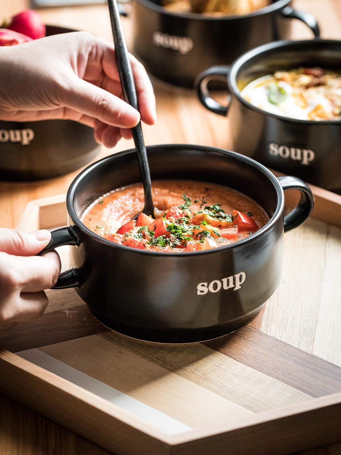  | Soup Bowl Set with Handles 27 Oz，Oven Safe Soup Bowls with Serving Stand for Soup, Cereal, Desserts, Chill Set of 4 Stackable Soup Crock，Black: Soup Bowls