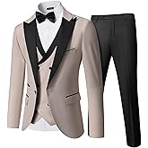 YND Men's 3 Piece Slim Fit Wedding Tuxedo Set, Peak Lapel One Button Suit Jacket, Double Breasted Vest Pants with Bow Tie