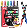JRQ Acrylic Paint Markers Paint Pens, 12 Colors Direct Liquid System & Brush Tip, Acrylic Markers for Wood, Rock Painting, Glass, Canvas, Ceramic, Fabric, Plastic, DIY Art Crafts Supplies