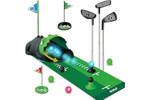 JIMITOP Upgraded Kids Toy Golf Set with Dinosaur Automatic Golf Returner, Led Light Up Night Golf Balls, 3 Clubs, Putting Mat