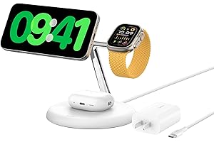 Belkin MagSafe Charger Compatible 3-in-1 Wireless Charging Stand 15W - Qi2-Certified Wireless Charger, Fast Charging iPhone Charger for iPhone 16, AirPods, Apple Watch, & More (PSU Included) - White