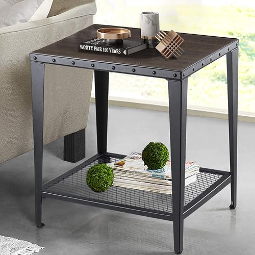 Decok End Table, Nightstand 24" H, Side Table with 2-Tier Open Storage Shelves, Stable Rivet Metal Frame, for Living Room, Bedroom, Industrial, Espresso