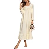 AVIIER 100% Cotton Nightgowns for Women Long Sleeve House Dress Ladies Sleepwear with Pockets