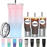 Universal Iced Coffee Sleeve - Upgraded Double Wall Reusable Stainless Steel Holder Sleeves Insulator for Cold Drinks Fits Starbucks Dunkin Donuts McDonalds Small Medium Large Cup (Pink Blue)