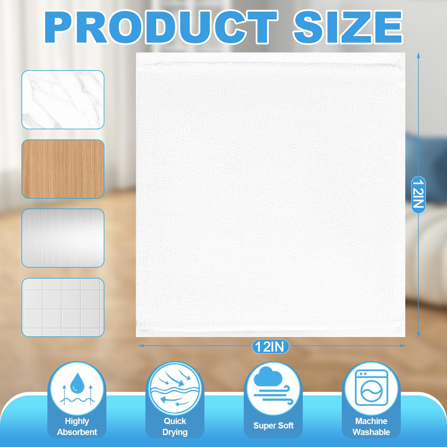 12 Pack 100% Cotton Wash Cloth, 12x12 Inch Highly Absorbent and Soft Feel Fingertip Towels, Machine Washable Washcloths for Bathroom, Gym, Hotel, Spa and Kitchen, White