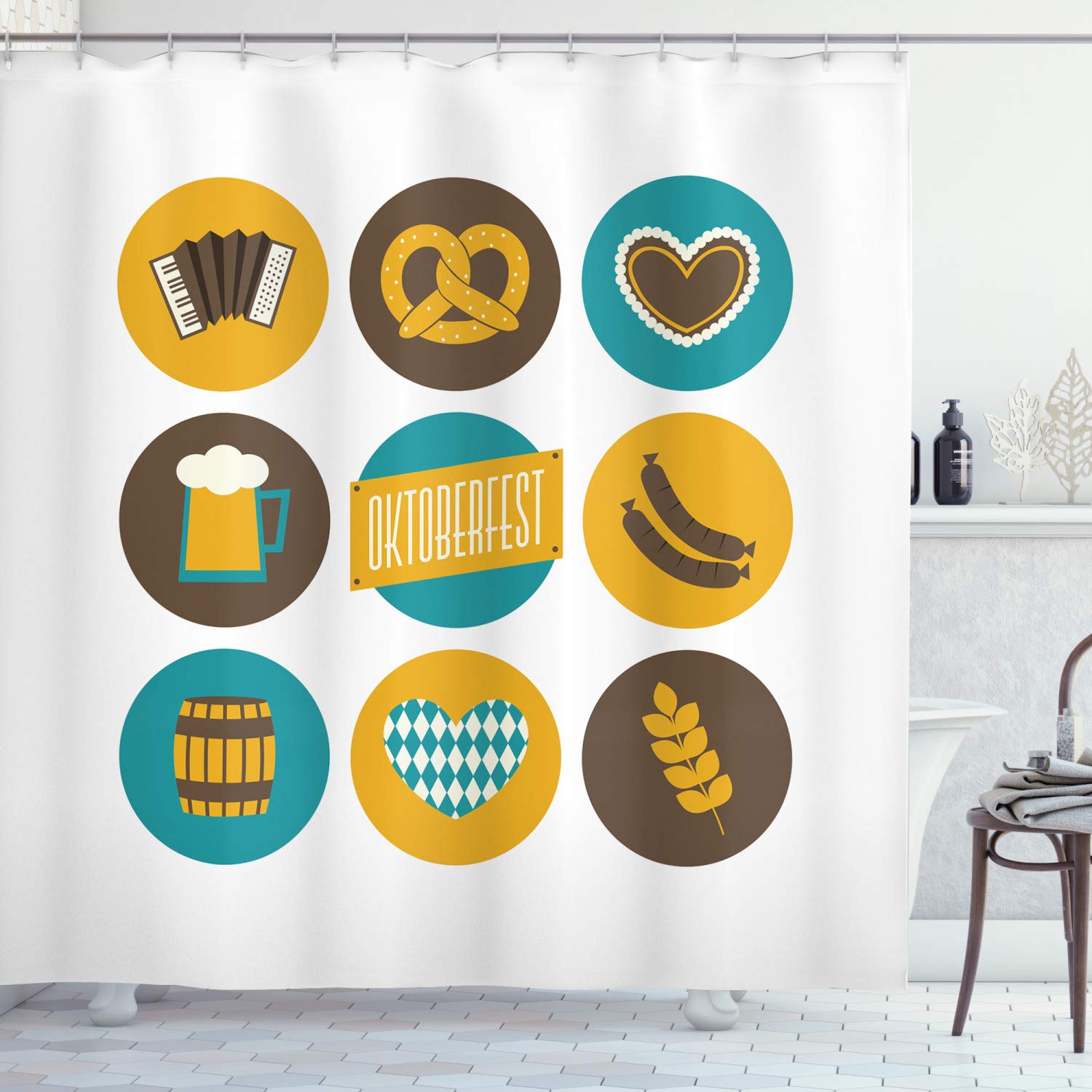 ABAKUHAUS German Shower Curtain, Bavarian Oktoberfest Themed Pretzel Beer and Accordion, Cloth Fabric Bathroom Decor Set with Hooks, 78 Inches, Earth Yellow Brown