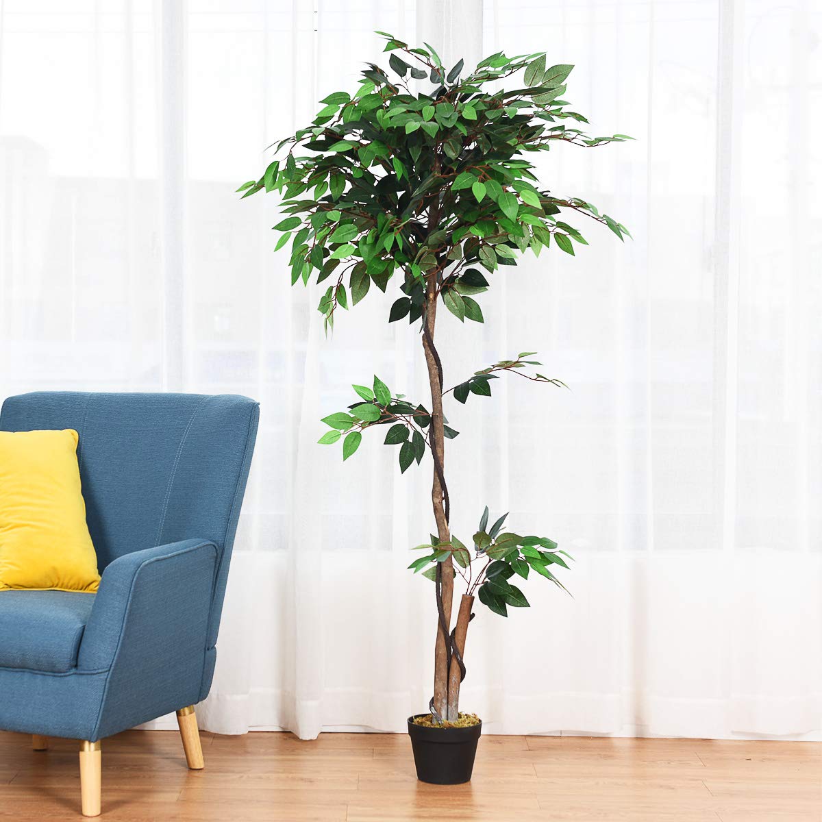 COSTWAY 150CM/3FT Artificial Ficus Tree, Indoor Faux Ficus Plant in Nursery Pot, UV Resistant Fake Greenery Plants Decoration for Home, Office and Living Room (1)