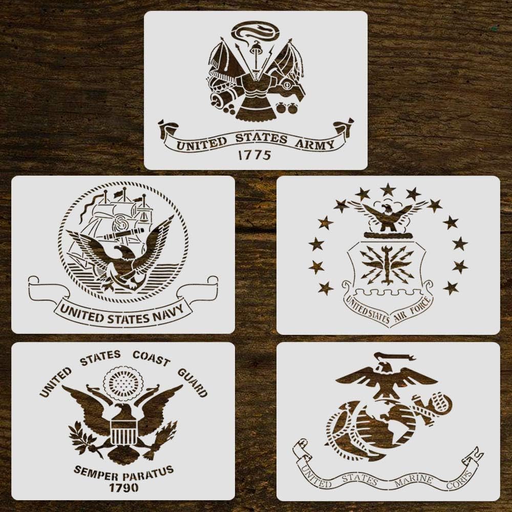 5Pcs Army Flag Reusable Stencil,Military Stencil Including Army/Navy/Air Force/Marine Corps/Coast Guard Flag Painting on Wood/Fabric/Paper/Airbrush,