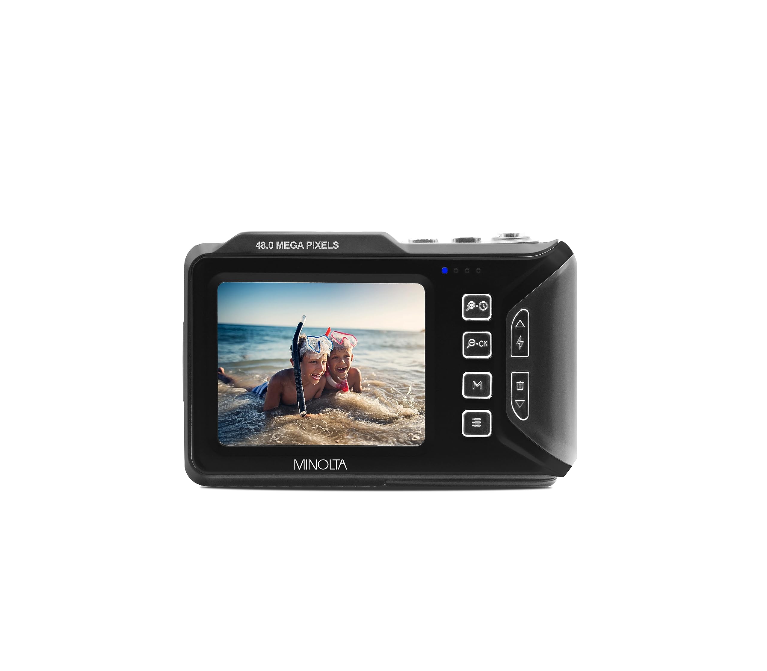 Minolta Waterproof Digital Camera - 48MP Photos, 4K UHD Video, Dual LCD Screens, 16ft Waterproof, 16X Zoom, Anti-Shake, Slow Motion, Compact Point-and-Shoot for Travel & Underwater (Black)