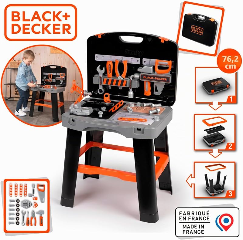 - Black+Decker - Etabli Bricolo Smart - Jouet Bricolage Enfant - 33 Accessoires et Outils - Scie, Marteau, Tournevis et Autres - A Partir de 3 Ans - Fabrication Française