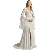 Ayervici Lace Wedding Dress Bell Sleeve Slit Boho Bridal Gown | A Line Lace Chiffon Backless Wedding Gowns for Beach Rustic C