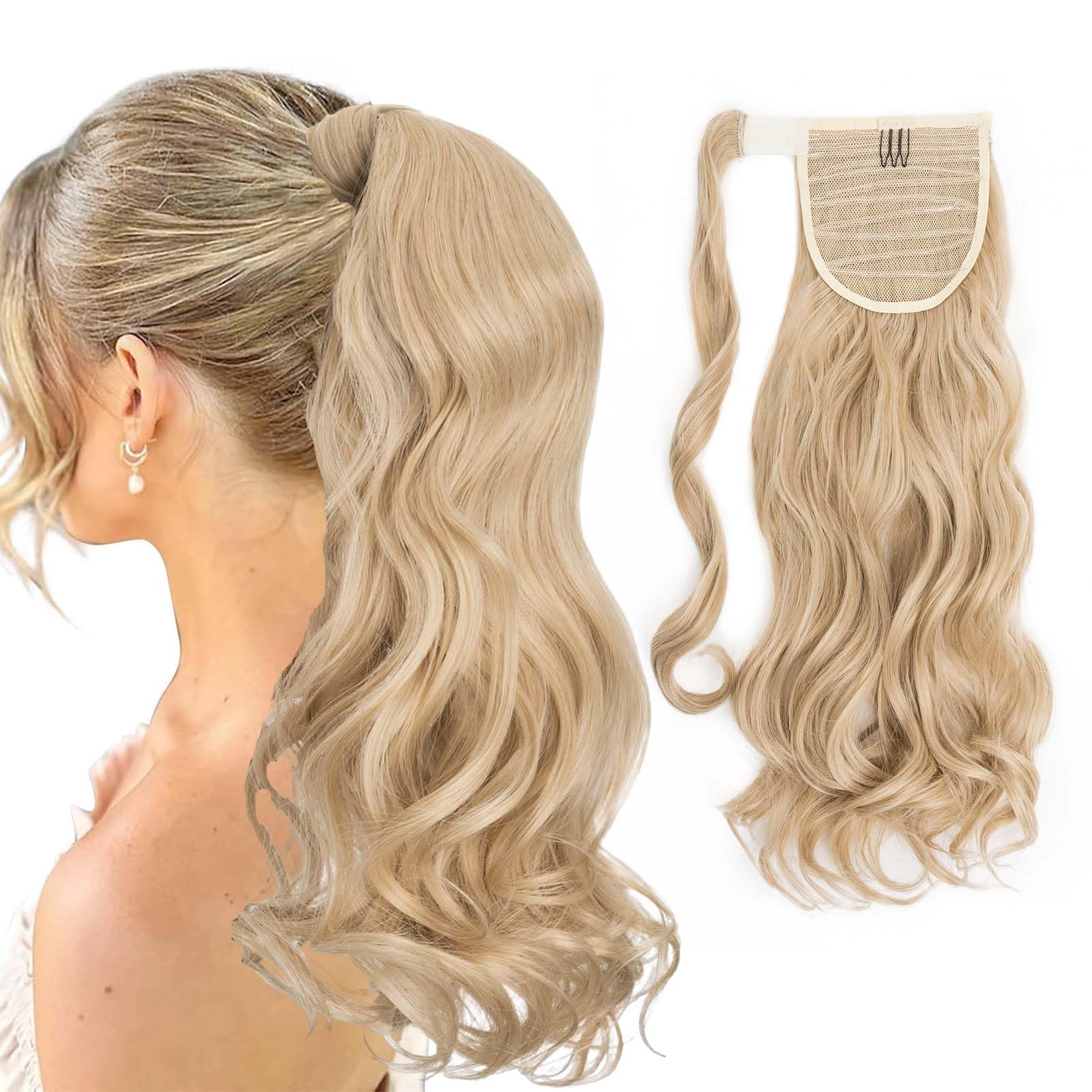 17" Long Curly Wavy Wrap Around Ponytail Clip in Hair Extensions One Piece Hairpiece Magic Tape in Pony Tail Extension for Women Ash Blonde mix Bleach Blonde