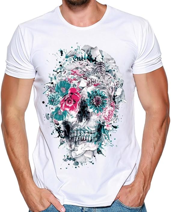 Amazon Hanaturu Tシャツ メンズ おしゃれ おもしろ ホワイト 格好いいプリント柄 人気 花と髑髏 メンズプリントtシャツ 夏最適 ファション ホワイト 友達彼氏 プレゼント ｓ 4ｌ 大きいサイズ 3xlブルー Tシャツ カットソー 通販