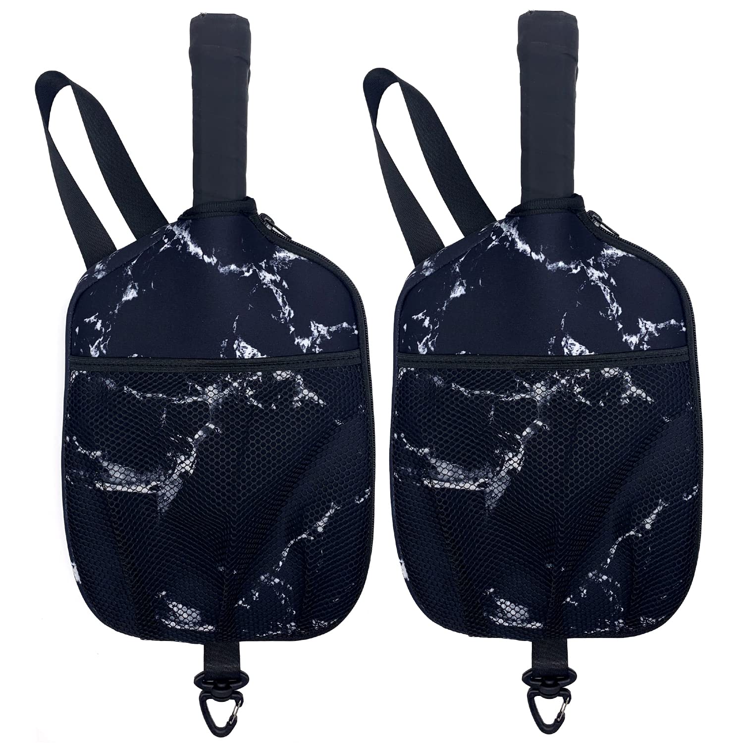 Spacmirrors Pack of 2 Neoprene Improved Pickleball Paddle Cover with Hook and Handle, Pickleball Zipper Racket Carry Sleeve with Mesh Pocket, Pickleball Paddle Protective Bag (Marble Black)