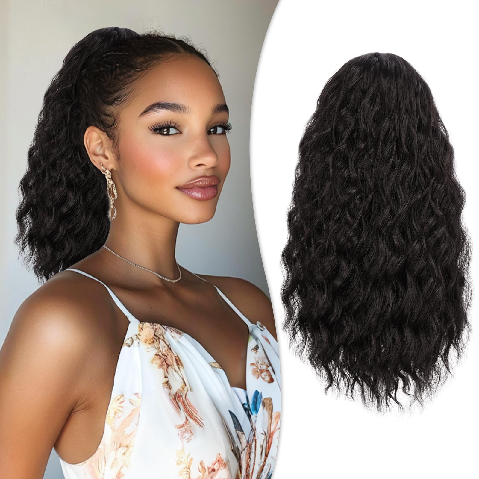 RUWISS Curly Drawstring Ponytail Extension for Black Women,16 inch Black Brown Afro Kinky Ponytail Synthetic Hairpiece for Daily Party Use — image 1