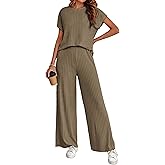 LTSCNRM Women's 2two Piece Outfits Sweater Sets Casual Loose Knit Crewneck Short Sleeve Tops Wide Leg Pants(Camel-M)