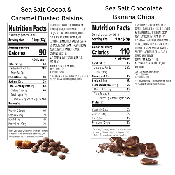 SUN-MAID FARMSTAND RESERVE 24 COUNT VARIETY PACK – 0.8 OZ SNACK BAG – SEA SALT COCOA & CARAMEL DUSTED RAISINS + SEA SALT CHOCOLATE COATED BANANA CHIPS (AMAZON EXCLUSIVE)