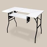 Crutello Folding Sewing &amp; Craft Table, 42x24 Inch - Grid Top with Storage | Steel Folding Storage Legs, Drop-Down Sewing Machine Platform, For Fabric Cutting, Quilting &amp; Crafts