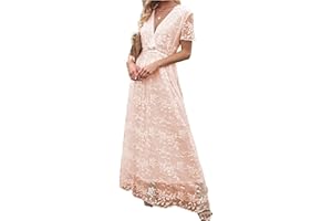 PZLDEYTAY Womens Casual Summer Floral Lace Long Dress Short Sleeve Elegant Bohemian Dress Fashion Flowy Maxi Dress