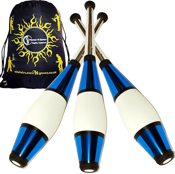 Juggle Dream EURO PRO Juggling Clubs Set of 3 (BLUE) Metallic Deco Trainer Clubs + Flames N