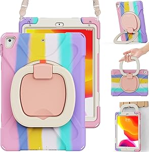 BRAECN iPad Case 6th/5th Generation, iPad 9.7 2018/2017 Case for Kids-Heavy Duty Silicone Case with Stable Kickstand, Multi-Functional Grip, Carrying Strap, Pencil Holder for iPad 9.7’’-Colorful Pink