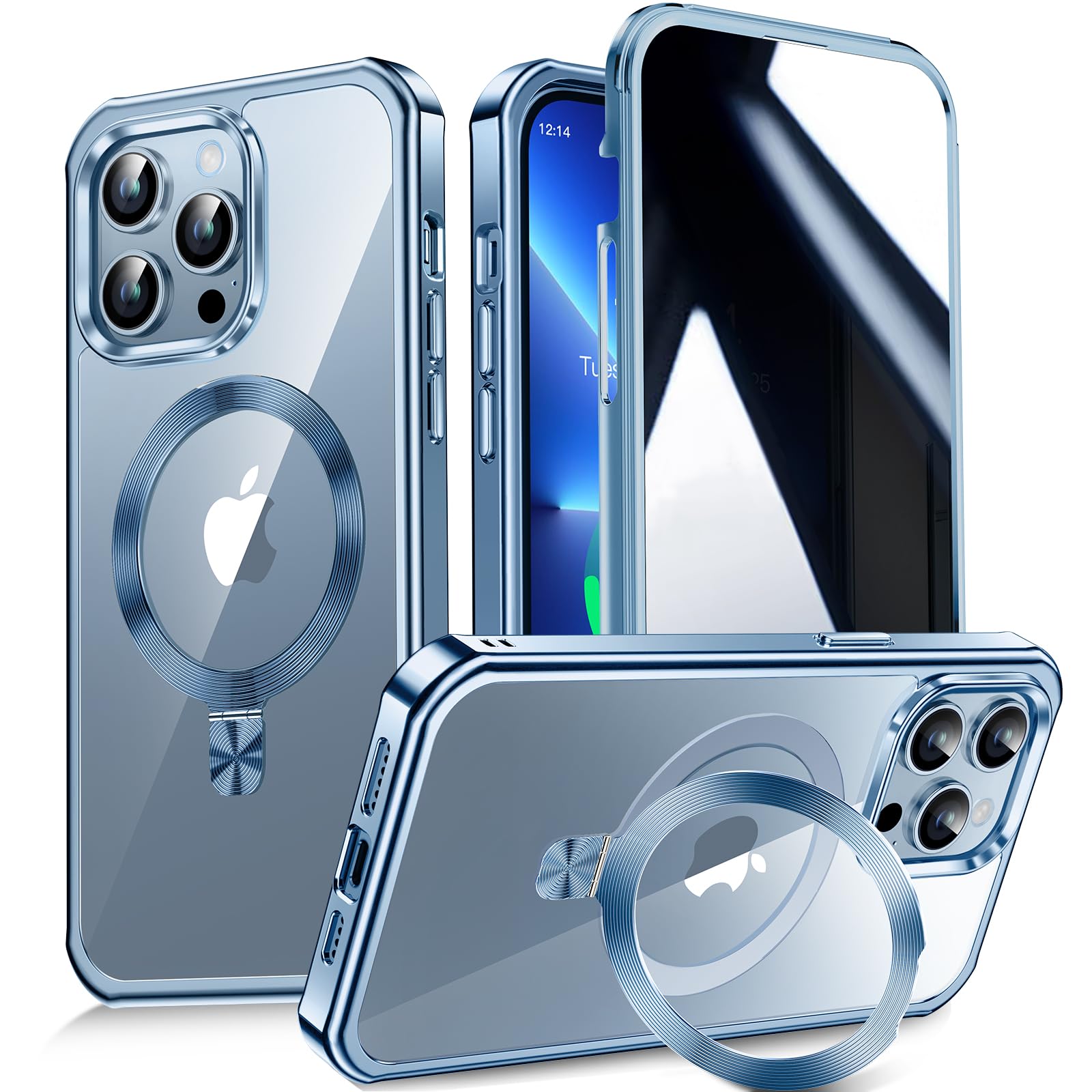 Photo 1 of [CD Metal Ring Stand + Built-in Privacy Screen Protector] Magnetic Case for iPhone 13 Pro 6.1" [Soft Bumper Full Signal] [Compatible with MagSafe] 9H Glass Full Body Shockproof Clear Case, Sierra Blue