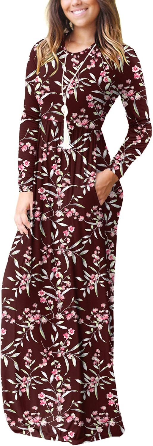VIISHOW Women's Long Sleeve Loose Plain Empire Waist Maxi Dresses Casual Long Dresses with Pockets at  Women’s Clothing store
