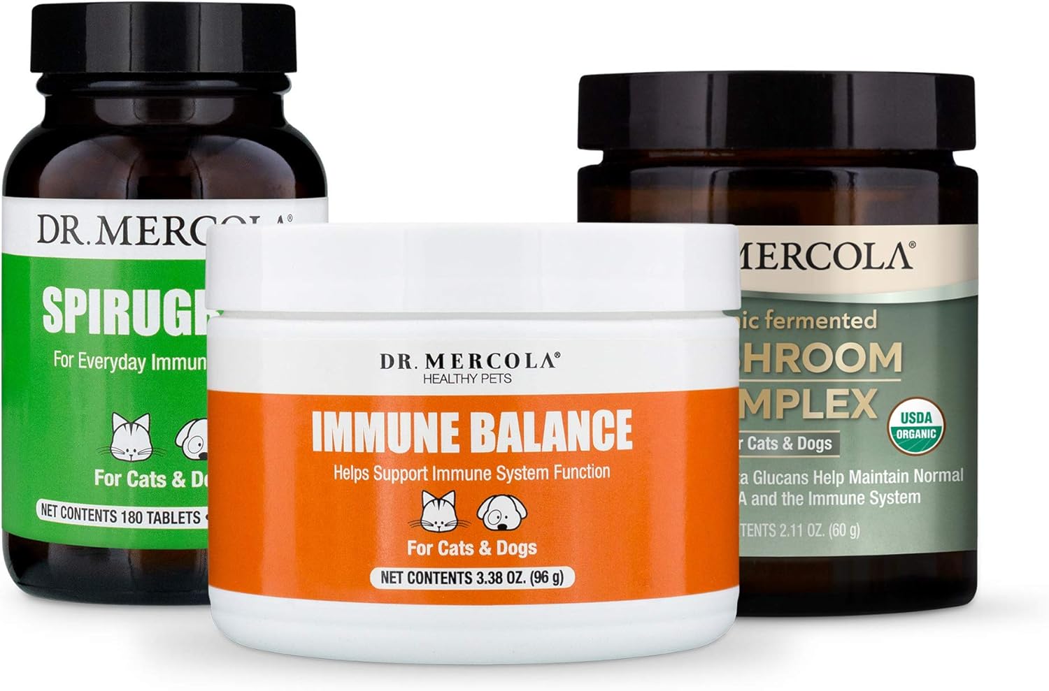 Dr. Mercola Immune Support Kit for Cats & Dogs, Immune Balance, Organic Mushroom Complex, SpiruGreen, Supports Immune and Digestive Health in Pets, Non GMO, Gluten Free, Soy Free