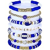 JSLOVFLO Game Day Bracelets Football Charm for Women Football Bracelets Red Black Blue Heishi Clay Beaded Stretch Bracelets Stackable Sports Bracelet Bangles Football Mom Accessories Outfits