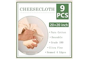 WMKGG 9 PCS Cheese Cloths, Grade 100, 20x20 Inch Cotton Cheesecloth with Hemmed 4 Edges, Reusable Unbleached Fine Mesh Cheese