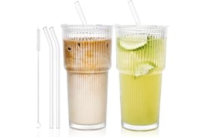 HPLYEL 2 Sets 20Oz Glass Tumblers with Lids and Glass Straws, Modern Drinking Glass Cup Jar for Ice Coffee, Cocktail, Water, 