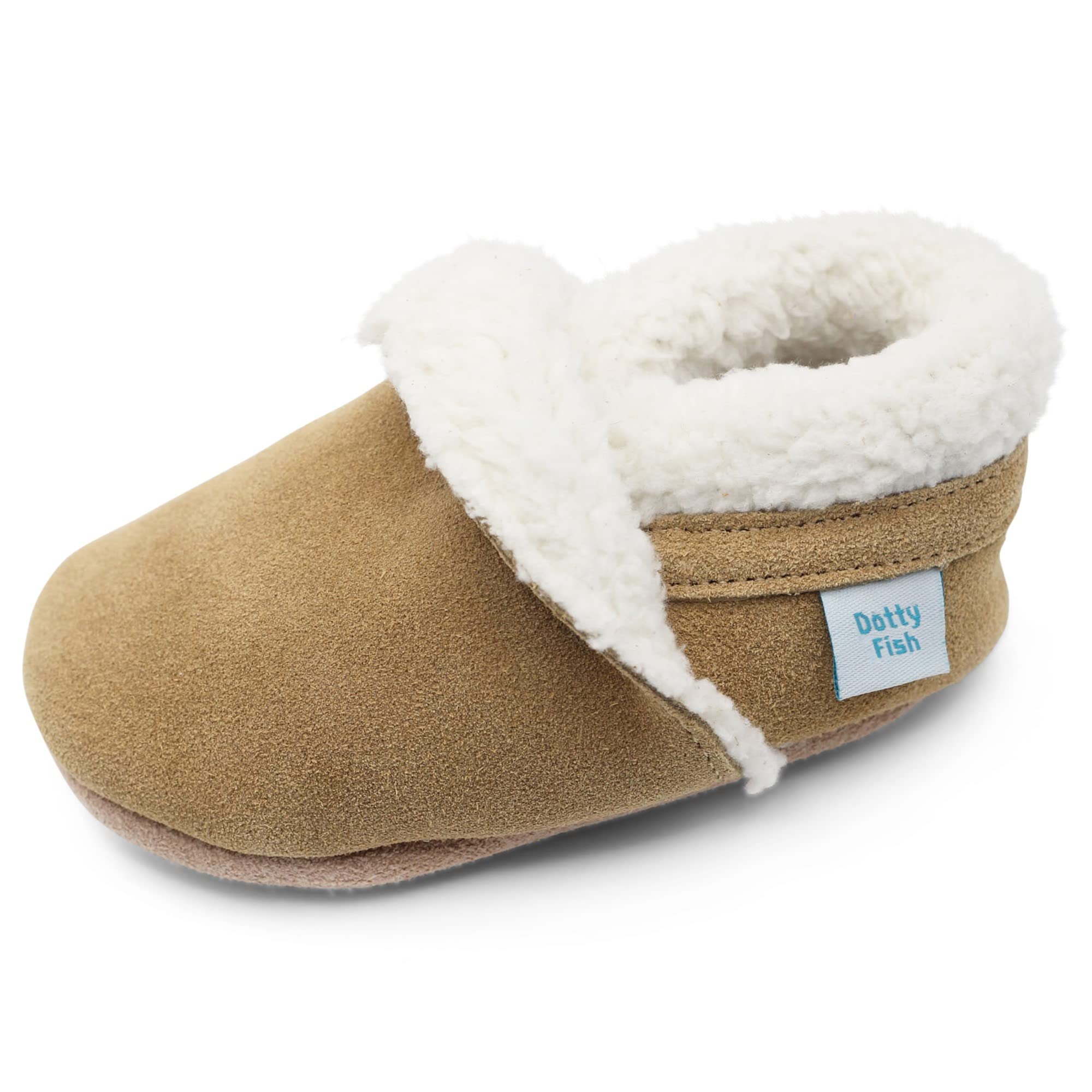 Dotty Fish Baby & Kids Real Suede Slippers – Barefoot, Fleece-Lined, Non-Slip, Lightweight, Flexible, Stay On, Warm & Cosy, Boys & Girls Winter House Shoes – Light Brown Tan 2-3 Years