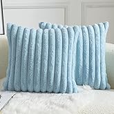 MANDIOO Pack of 2 Decorative Throw Pillow Covers Faux Fur Striped Plush Soft Cushion Covers Pillow Cases Bedroom Living Room Sofa Home 20x20 Inch Light Blue