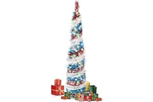 KUNGFUKING 5 FT Pencil Christmas Tree with LED Lights, Collapsible Artificial Sequin Pop Up Christmas Tree for Home Apartment Basement Fireplace (Red White Blue Snowflake)
