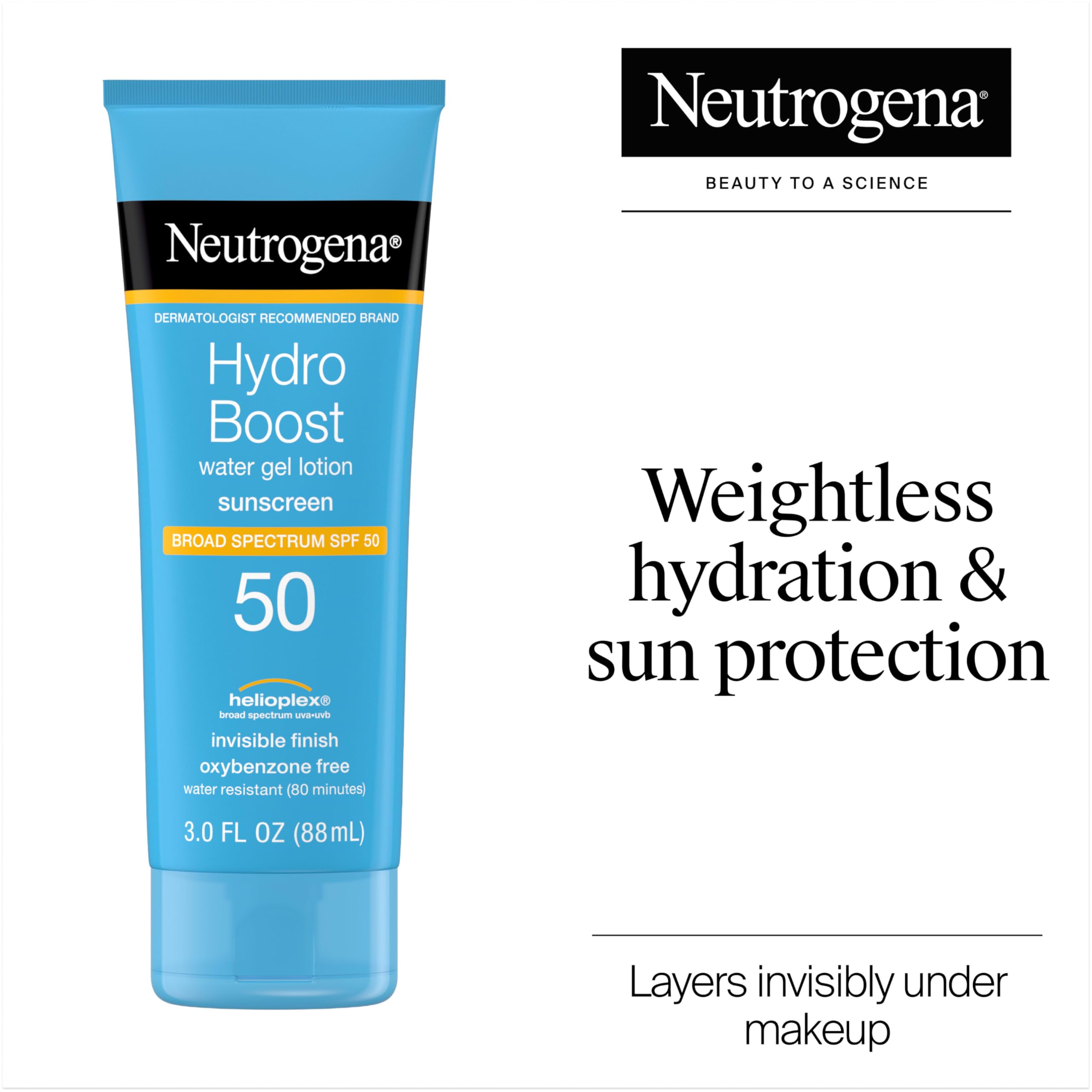 Neutrogena Hydro Boost Moisturizing Water Gel Sunscreen Lotion with Broad Spectrum SPF 50, Water-Resistant & Non-Greasy Hydrating Sunscreen Lotion, Oil-Free, 3 fl. oz, 3 Pack